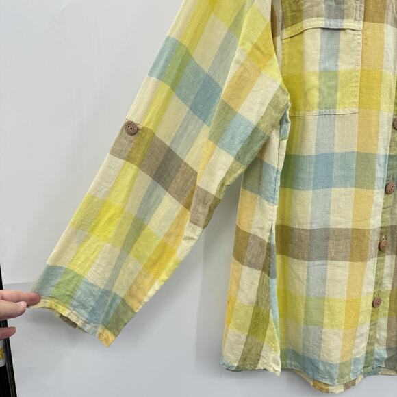 Soft Surroundings Avalon Plaid 100% Linen Button Up Shirt 2X Yellow Green Relax - Picture 2 of 7